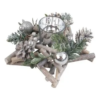 Vánoce Dřevěný svícen ve tvaru hvězdy se stříbrnými doplňky 20 cm