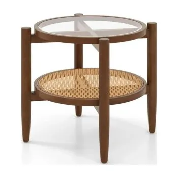 Konferenční stolek Dvoupatrový kulatý konferenční stolek JV11278 s deskou z tvrzeného skla, hnědý - A COSTWAY