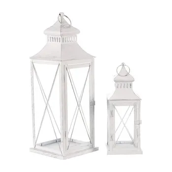 Svícen Lucerna kovová - čtyřboká, barva bílá, cena za sadu 2 velikostí.