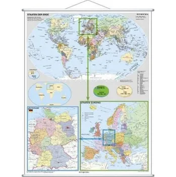 Stiefel Wandkarte Großformat Deutschland und Europa in der Welt (politisch), mit Metallstäben