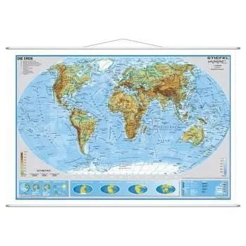 Stiefel Wandkarte Kleinformat Die Erde, physisch, mit Metallstäben