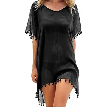 Dámské šaty Letní plážové pareo šaty s třásněmi - černá