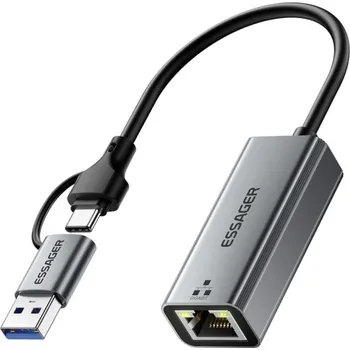 ESSAGER 2v1 ethernet redukce - RJ45 na USB-C / USB-A - šedá