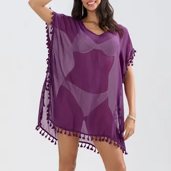 Dámské šaty Letní plážové pareo šaty s třásněmi - Fialová