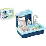 Dřez na mytí nádobí modrý + kohoutek na vodu na baterie plast s doplňky v krabici 46x28x12cm
