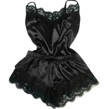 Dámské noční prádlo Saténové pyžamo s krajkou pro ženy - černá,S