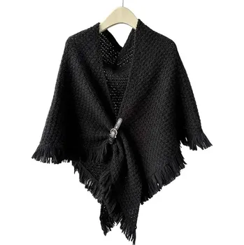 Šála Zimní pletený šál s koženou sponou | elegantní teplý šátek - černá