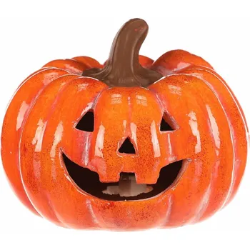 Podzimní LED dekorace Dýně s obličejem, 15 x 15 x 12 cm, keramika, oranžová