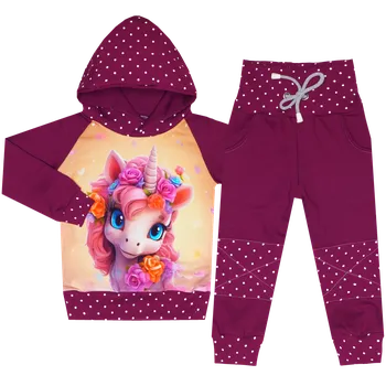 Tepláková souprava - Puntík borůvka - unicorn (kapuca) Velikost: 80