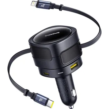 Datový kabel Nabíječka do auta Baseus Enjoyment Max s USB-C + Lightning kabely a porty USB-A + USB-C 90W - černá