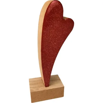 Červené srdce na podstavci ze dřeva, 14 cm
