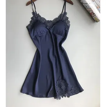 Dámská noční košile Saténová noční košilka - Tmavě modrá,M