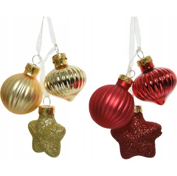 Vánoční dekorace Vánoční Baňky skleněné vánoční ČERVENÉ ZLATÉ různé tvary na stromeček 3ks 4cm
