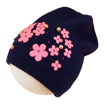 Čepice Dívčí čepice ROCKINO KVĚTY A PERLY zimní modrá Barva: Modrá, Velikost: 56