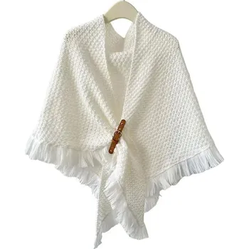 Šála Zimní pletený šál s koženou sponou | elegantní teplý šátek - Bílá