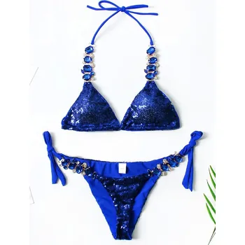 Dámské plavky Sexy push up plavky s krystaly a třpytkami - Modrá,XXL