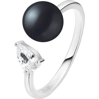 Prsten ANNA PERLY Stříbrný otevřený designový prsten s pravou černou perlou a zirkonem Velikost prstenu: 52, Barva perly: černá