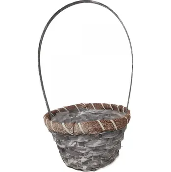 Šedý kulatý proutěný koš s uchem a igelitovou výstelkou&nbsp;18 x 10 x 12 cm