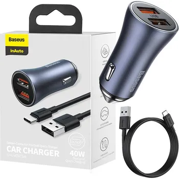 Datový kabel Nabíječka do auta Baseus Golden Contactor Pro, 2x USB, 40W (šedá) + kabel USB do USB-C 1m (černý)