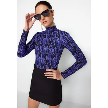 Dámská halenka Trendyol fialová potištěná halenka s límečkem, dlouhým rukávem a texturovaným pletením Trendyol modrá 2431904