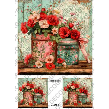 Výtvarný papír Rýžový a soft papír na decoupage - Květiny s plechovkou - KB4701 Materiál: Rýžový papír, Rozměr: A4