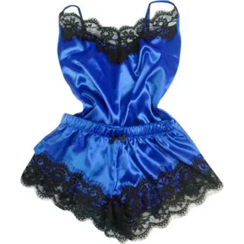 Dámské noční prádlo Saténové pyžamo s krajkou pro ženy - Modrá,XL