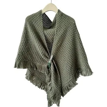 Šála Zimní pletený šál s koženou sponou | elegantní teplý šátek - Atrovirens