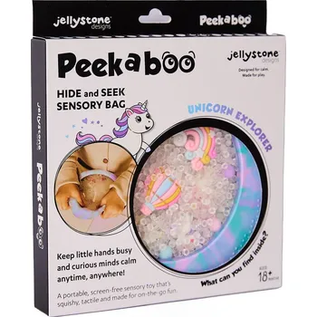 Hračka pro nejmenší Jellystone Designs - Peekaboo senzorická kapsa: Jednorožci