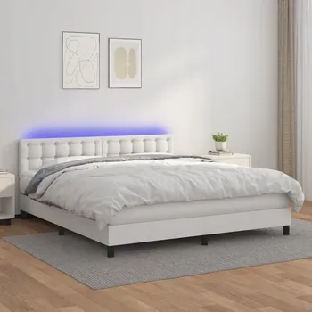 Postel Box spring postel s matrací a LED bílá 160x200 cm umělá kůže