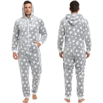 Pánský overall Plyšový domácí overal šedý se zipem a kapucí motiv hvězdy Velikost: L