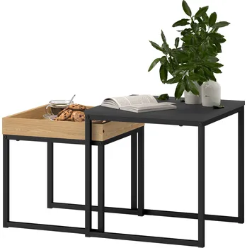 Konferenční stolek HOMCOM Sada 2 konferenčních stolků, hranatý odkládací stolek, konferenční stolek s ocelovým rámem, rozkládací stolek v moderním designu, do obývacího pokoje, nosnost do 30 kg, černá+dubová barva