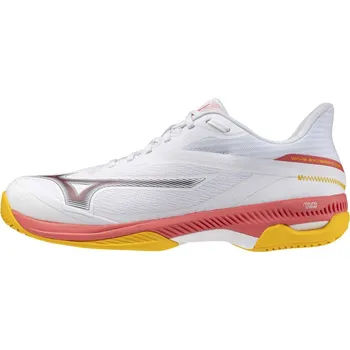 Pánská tenisová obuv Pánská tenisová obuv Mizuno WAVE EXCEED COURT AC(M) / White/Calypso Coral/Citrus Velikost: 44.0/9.5
