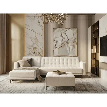 Sedací souprava Rohová rozkládací pohovka krémově bílé čalounění 4místná modulární černé nohy pravostranná ve tvaru L s taburetem obývací pokoj Beliani