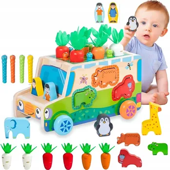 Dřevěná hračka Montessori třídič kostek Chyť Červa, auto, skládačka, mrkve a červíci