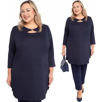 Dámská tunika Tmavě modrá lesklá tunika s ozdobným výstřihem, velikost 60