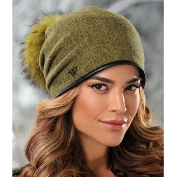 Čepice KRUMLOVANKA Zimní dámská čepice s bambulí W-0598/290M khaki melange
