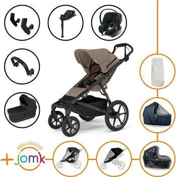 Kočárek Set 11v1 Thule Urban Glide 4-wheel Tinted Taupe s magnetickou sponou + madlo + korbička Black + JOMK příslušenství + autosedačka Cybex s ISOFIX základnou a adaptéry Thule