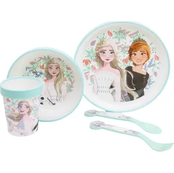 STOR Dětský jídelní set Frozen 5-dílný – talíř, miska, sklenice a příbory, BPA free, 81085