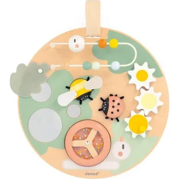 Dřevěná hračka Janod Sweet Cocoon Dřevěná motorická deska s aktivitami Zahrada