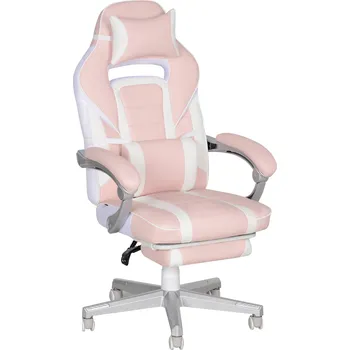 Herní židle HOMCOM s podnožkou, výškově nastavitelná kancelářská židle s hlavovým a bederním polštářem, otočná herní židle s polohovatelným opěradlem, imitace kůže, do 120 kg, růžová barva