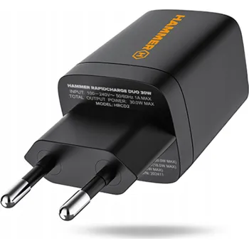 Síťová nabíječka Hammer RapidCharge Duo 30W GaN USB-A+C, černá