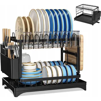 Odkapávač na nádobí Stojací dvoupodlažkový odkapávač na nádobí velký černý odkapávač na nádobí