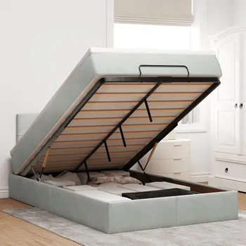 Postel Postel otomana s matrací a LED, světle šedá, 120x190 cm, samet