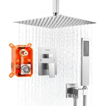 Sprchový set Sprchová baterie VEVOR, sprchový systém Rainfall s čtvercovou sprchovou hlavicí Rain o průměru 30,5 cm a ruční sprchou, stropní vanové armatury s mosazným ventilem a ozdobnou sadou, kartáčovaný nikl