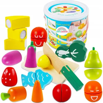 Dřevěná hračka DŘEVĚNÉ OVOCE A ZELENINA K KRÁJENÍ NA SUCHÝ ZIP NŮŽ PRKÉNKO sada XL