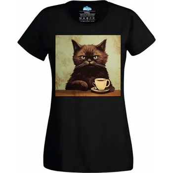 Dámské tričko Dámské tričko Naštvaná Kočka před Ranní Kávou (Velikost: L, Barva: Černá)