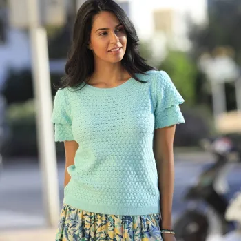 Dámské tričko Tričko s krátkými rukávy z úpletu se vzorem bledě modrá 34/36