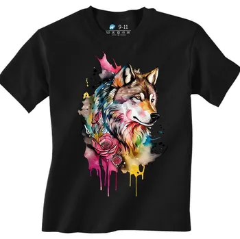 Chlapecké tričko Dětské tričko Barevný Vlk Colorful Wolf (Velikost: 7-8, Barva: Černá)