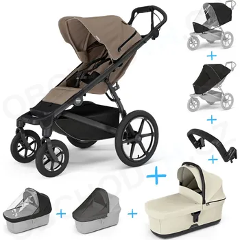 Kočárek Set 7v1 Thule Urban Glide 4-wheel Tinted Taupe s magnetickou sponou + pláštěnka + ochranná síť + madlo + korbička Soft beige + pláštěnka + ochranná síť na korbičku