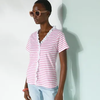 Dámské tričko Tričko s krátkými rukávy a anglickou výšivkou, proužkované bílá/růžová 42/44